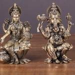 Brass Ganesha and Lakshmi Idol Pair Seated on Lotus - 4" Height